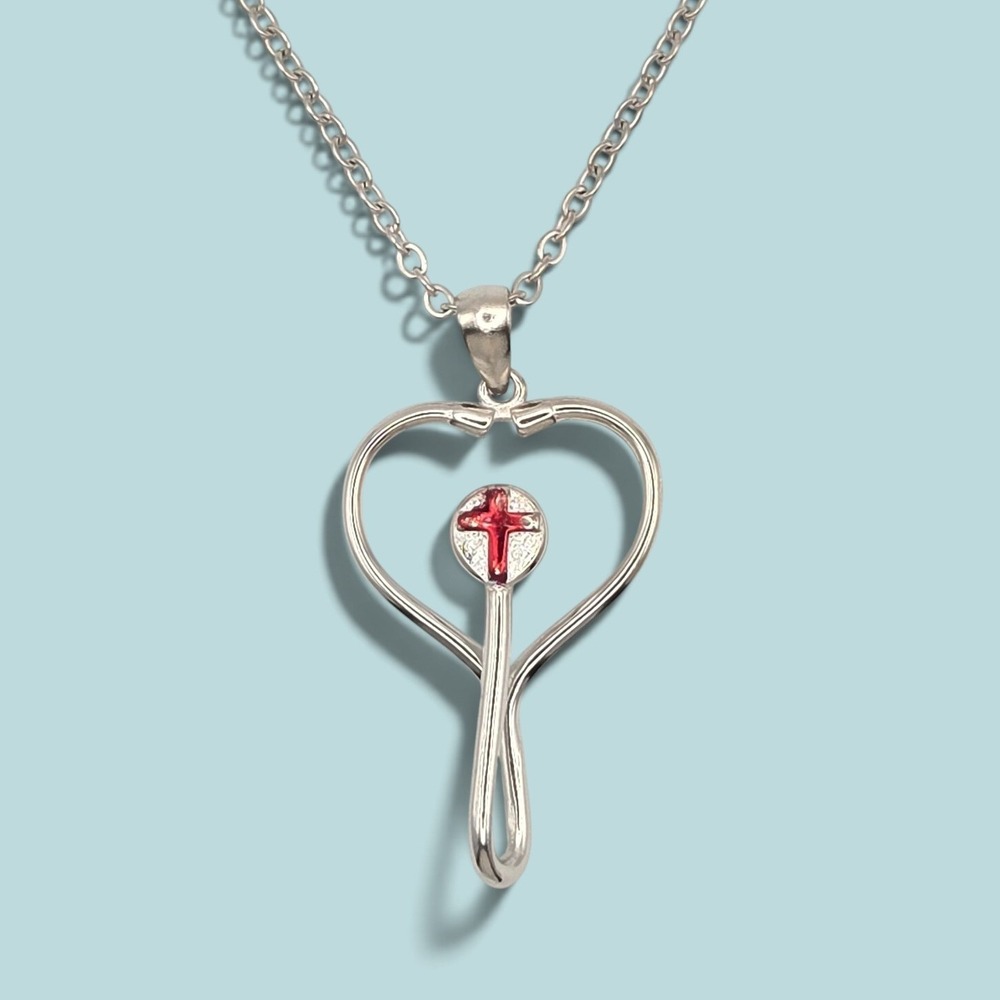 Sterling Silver Stethoscope Heart Necklace Nurse Medical Red Cross Pendant S925